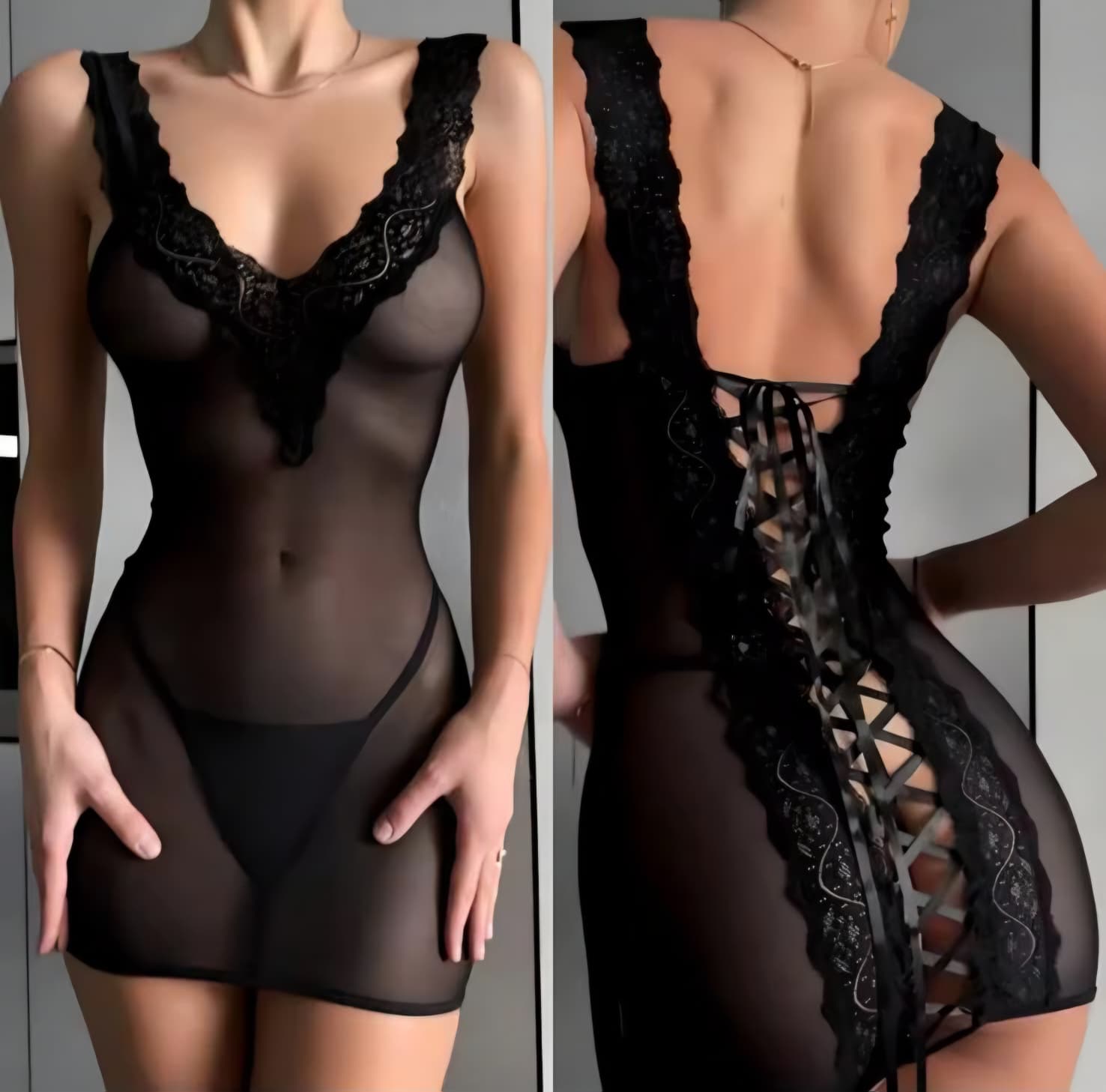 Womens Sexy Lace Mesh Pajamas Set Backless
